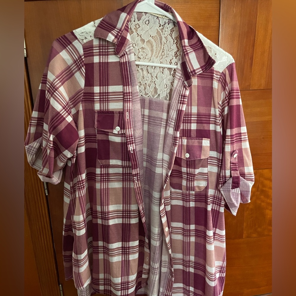 Plaid magenta button up blouse Size 2XL